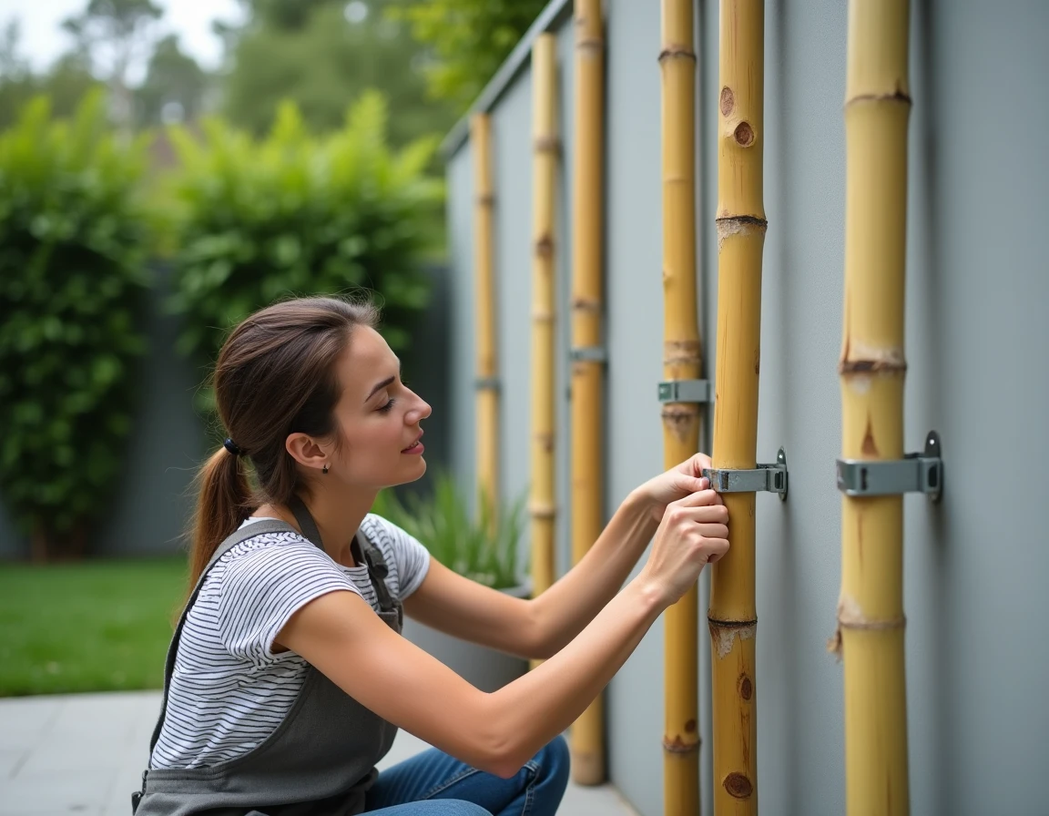 Femme vérifiant l'alignement de bambous fixés sur un mur en béton enduit dans un jardin moderne