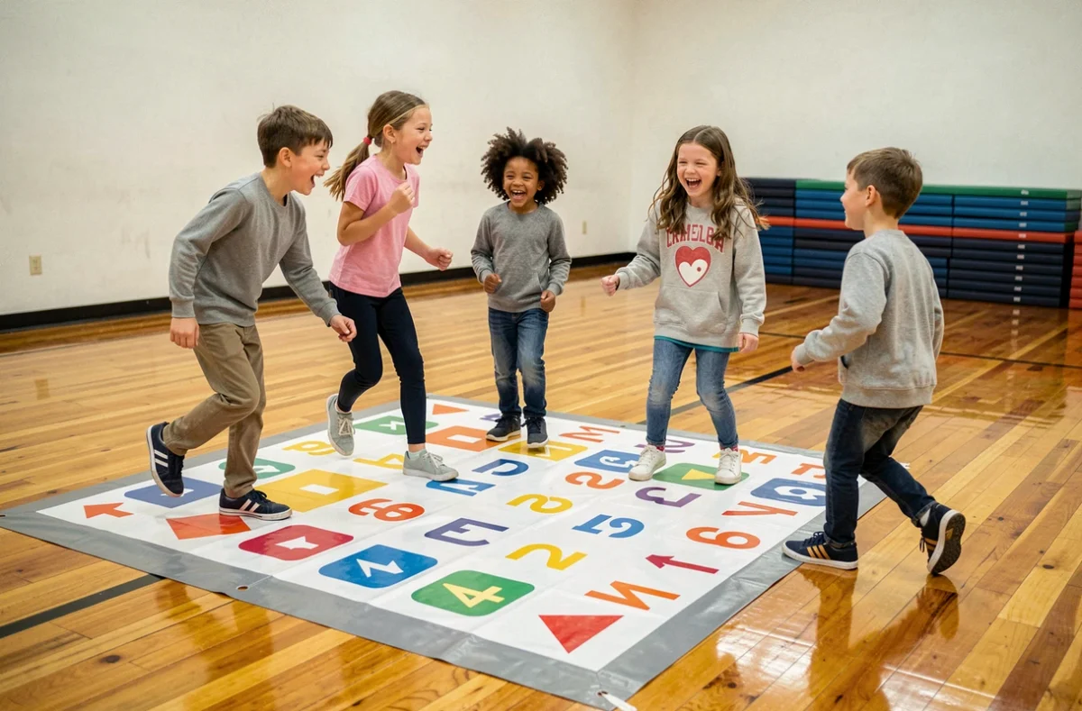 Des enfants jouent à un jeu d'apprentissage actif sur un tapis numérique au sol dans une salle polyvalente scolaire