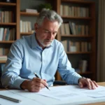Architecte examinant un certificat de conformité immobilière sur un bureau en bois dans un bureau à domicile moderne