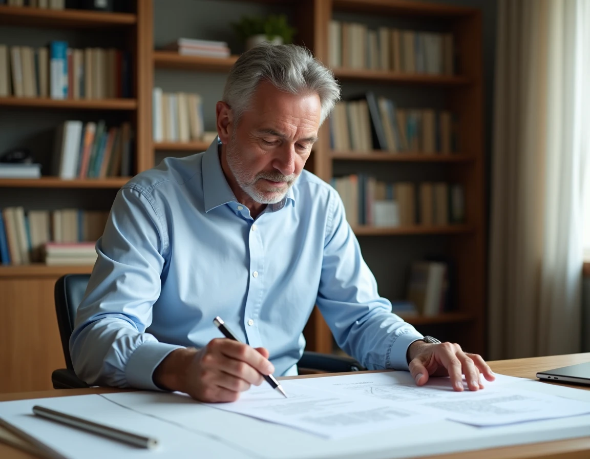 Architecte examinant un certificat de conformité immobilière sur un bureau en bois dans un bureau à domicile moderne