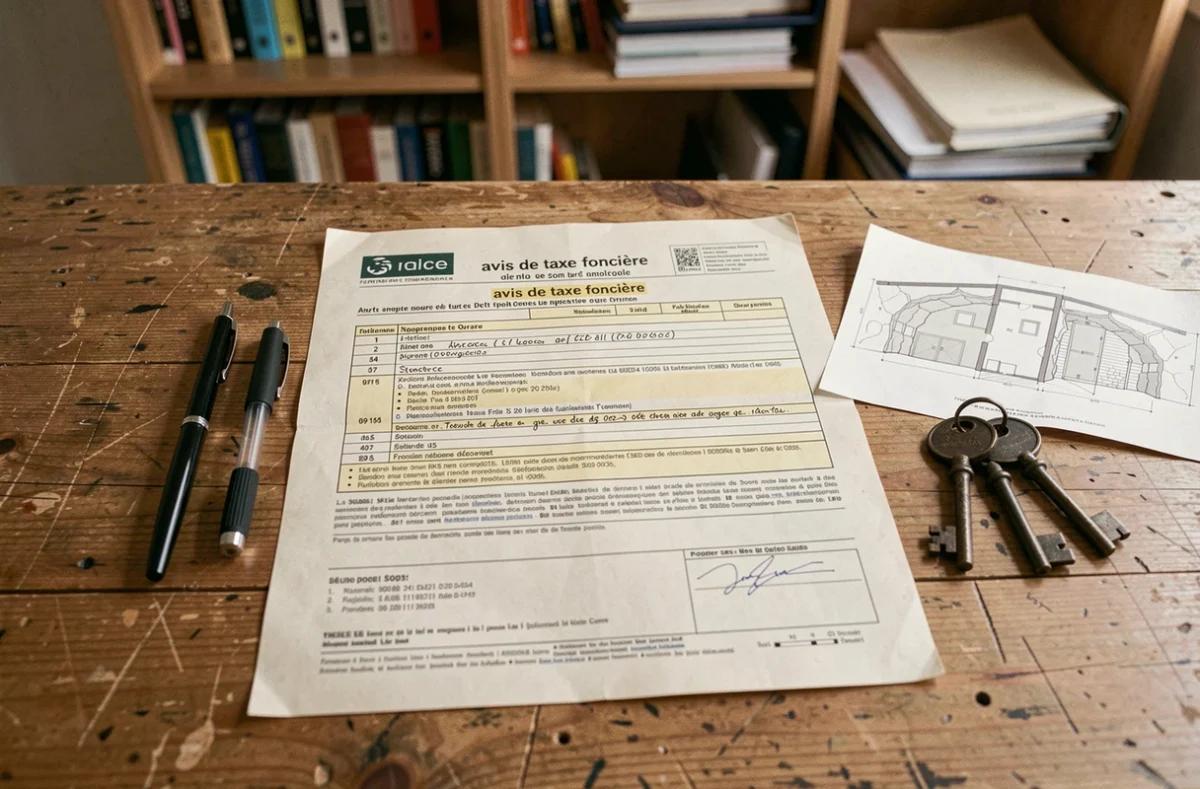 Avis de taxe foncière français posé sur un bureau en bois avec des clés de cave et un plan de sol d'un local de stockage indépendant