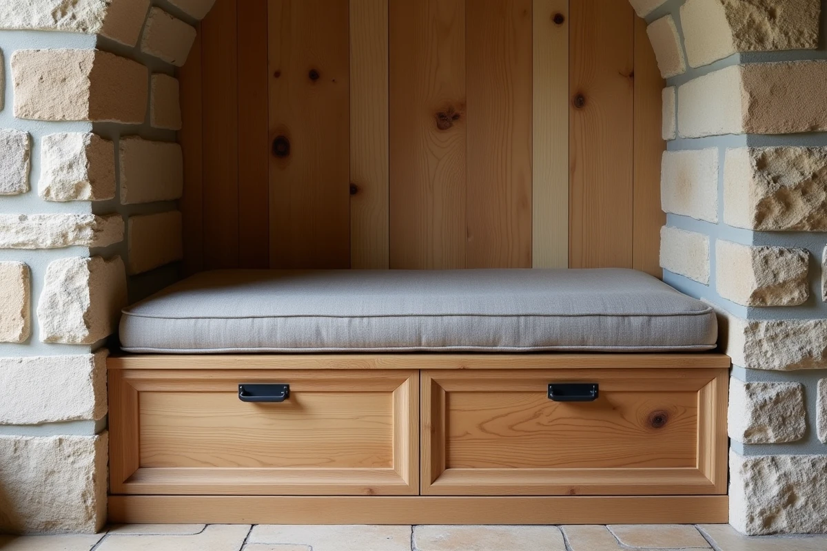Banquette en chêne massif avec rangements intégrés aménagée dans la niche latérale d'un cantou traditionnel