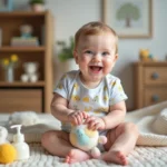 Bébé souriant jouant avec une peluche colorée dans une nurserie