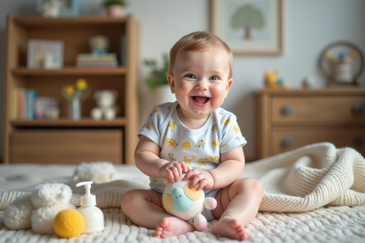 Bébé souriant jouant avec une peluche colorée dans une nurserie
