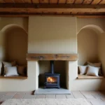 Vue d'ensemble d'un cantou traditionnel rénové avec insert contemporain, banquettes en bois et habillage en pierre naturelle dans une maison de campagne française
