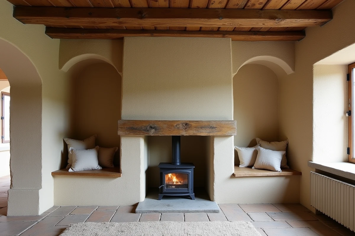 Vue d'ensemble d'un cantou traditionnel rénové avec insert contemporain, banquettes en bois et habillage en pierre naturelle dans une maison de campagne française