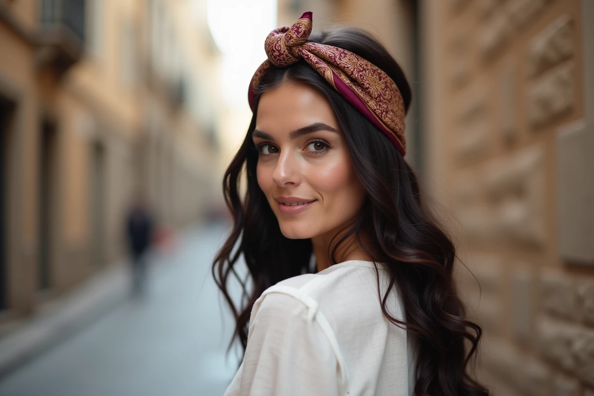 Femme avec un carré Hermès en soie noué en bandeau dans les cheveux, portant un chemisier blanc en lin dans une ruelle pavée