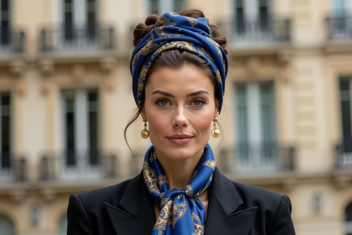 Femme élégante portant un carré Hermès enroulé en chignon turban, avec un blazer noir à boutons dorés devant une façade haussmannienne