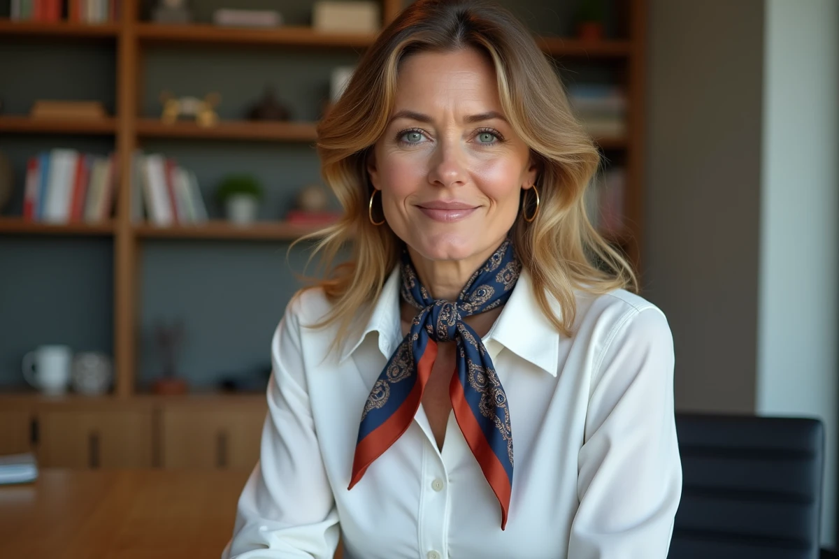 Femme portant un carré Hermès noué en cravate sur une chemise blanche boutonnée, dans un intérieur minimaliste avec bibliothèque floue