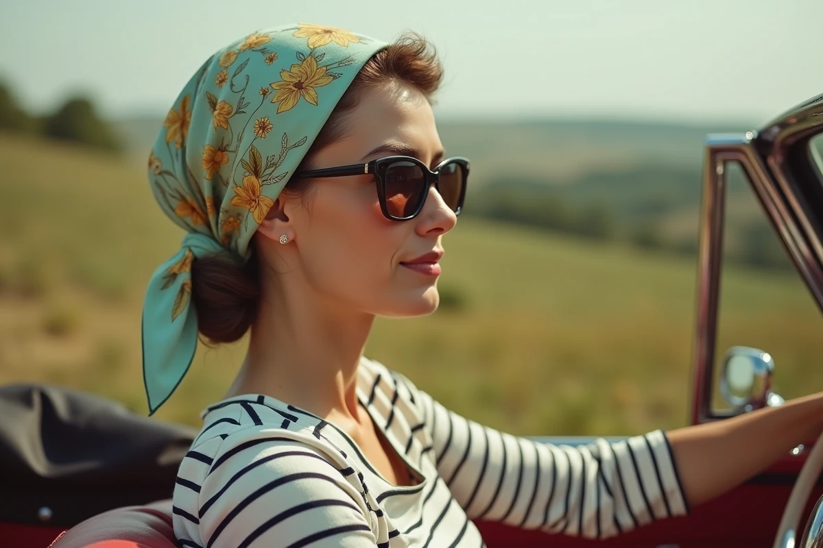 Femme portant un carré Hermès en headscarf rétro noué sous la nuque dans une voiture décapotable, avec lunettes cat-eye et marinière