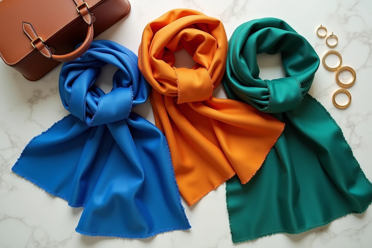 Plusieurs carrés Hermès en soie de couleurs vives disposés en flat lay sur marbre blanc avec un sac en cuir et des accessoires dorés