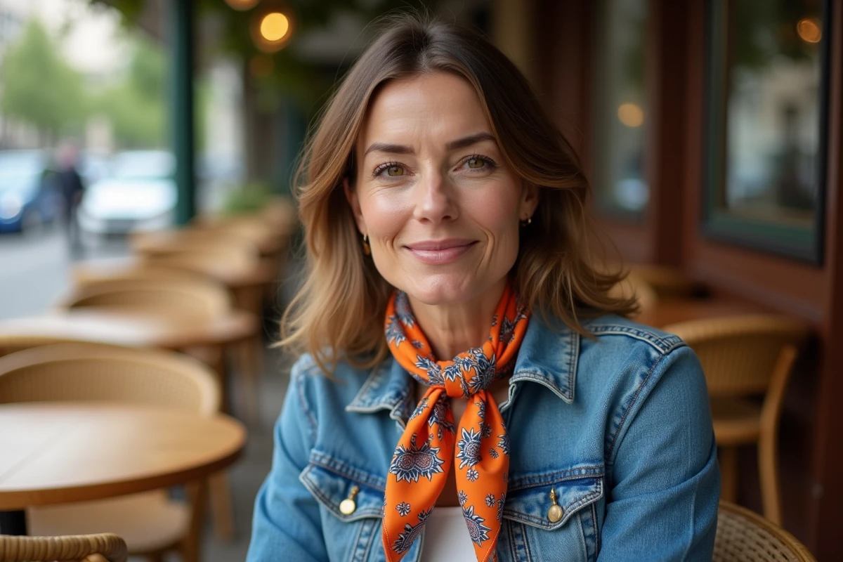 Femme portant un carré Hermès noué en nœud cow-boy sous le menton, avec une veste en jean dans un café parisien