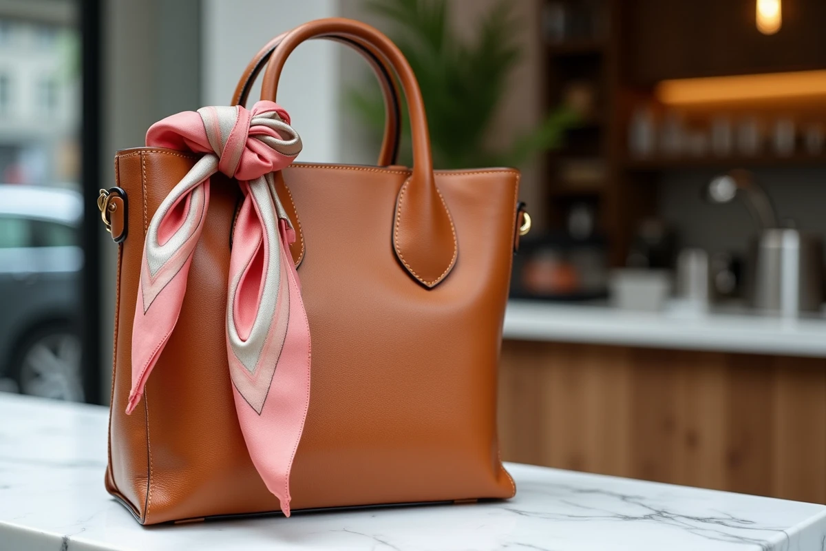 Sac à main en cuir camel avec un carré Hermès noué en nœud latéral sur la anse, posé sur un comptoir en marbre