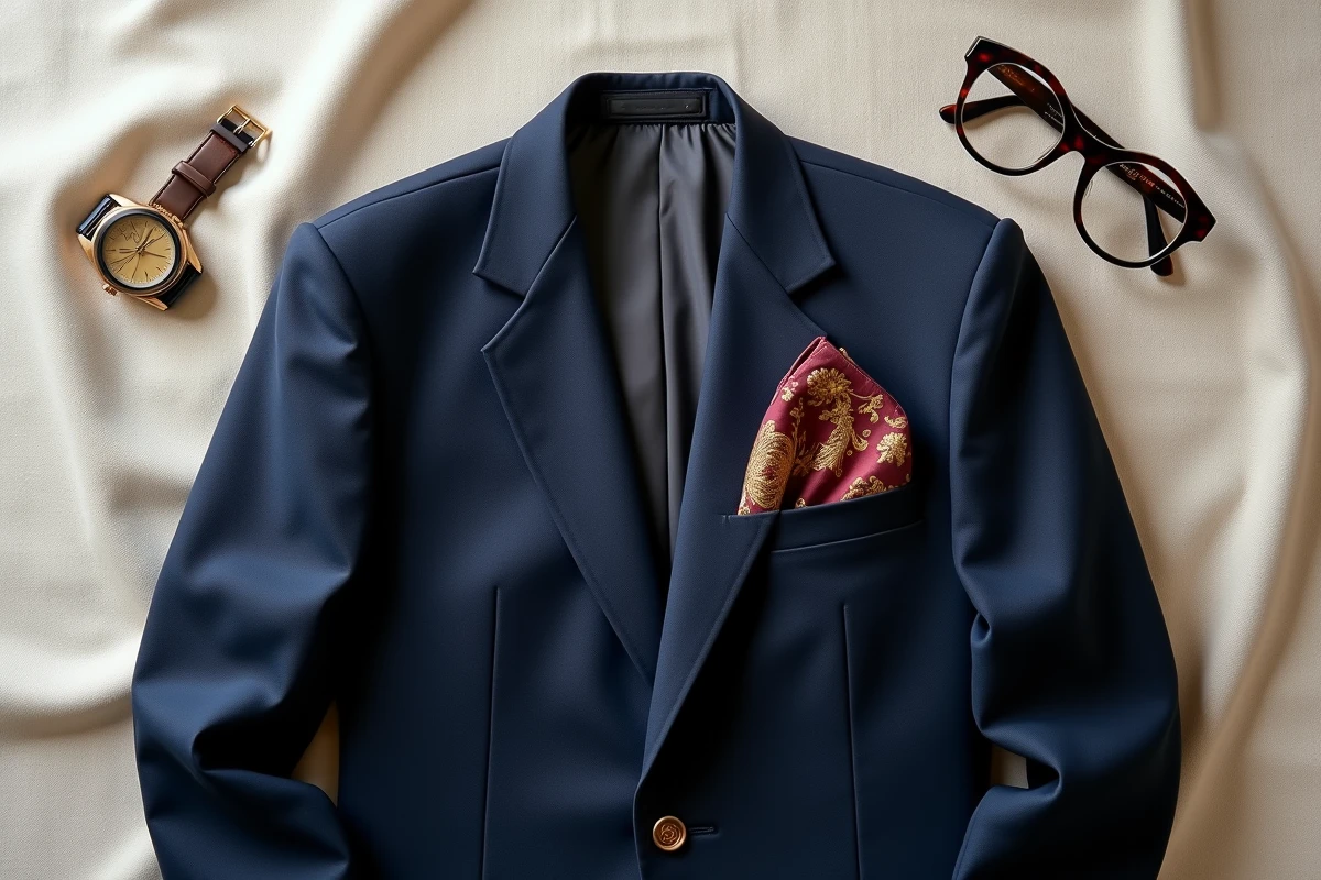 Blazer marine avec une pochette de veste en soie Hermès pliée avec soin dans la poche poitrine, posé sur du lin crème