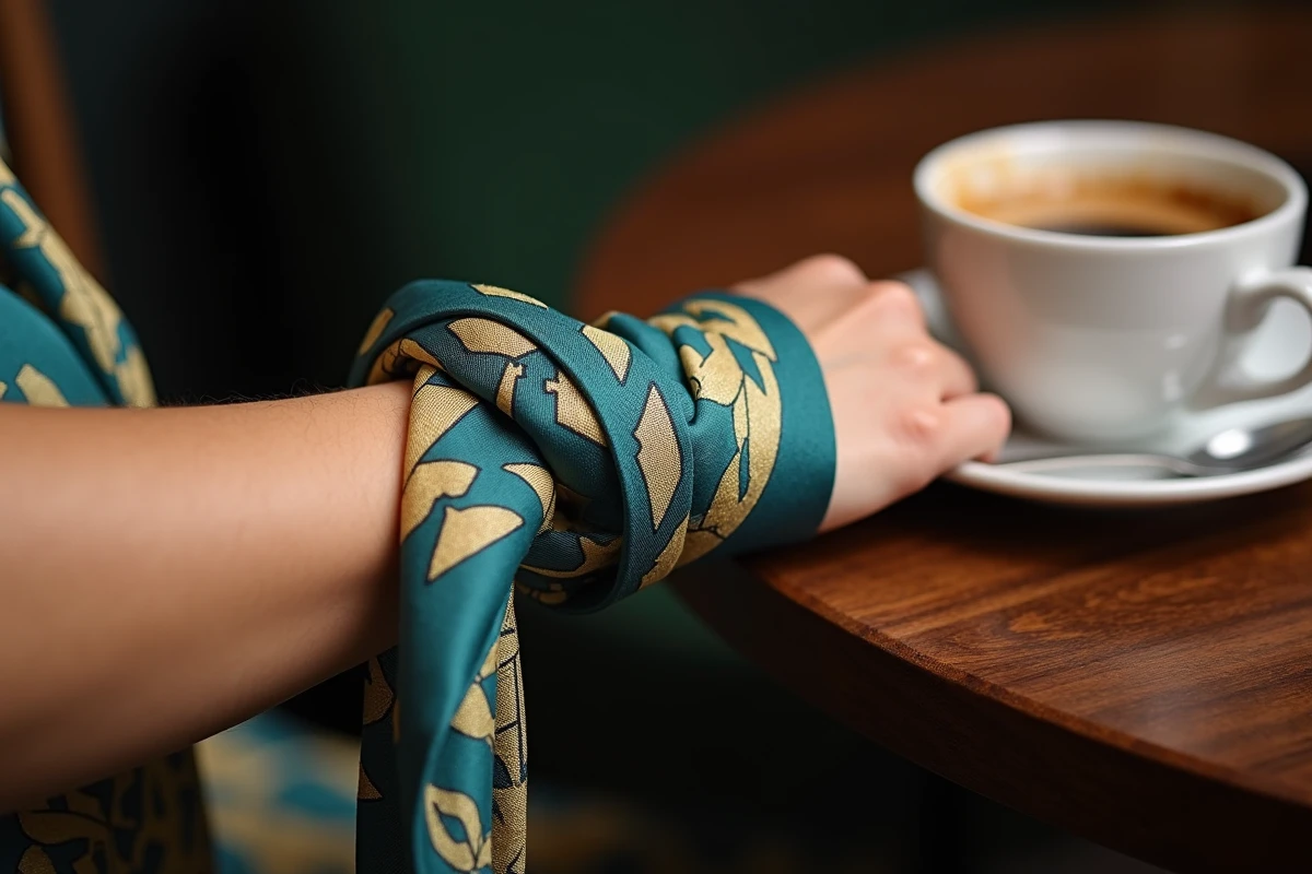 Poignet féminin avec un carré Hermès enroulé en double boucle, posé sur une table en bois sombre avec une tasse à café