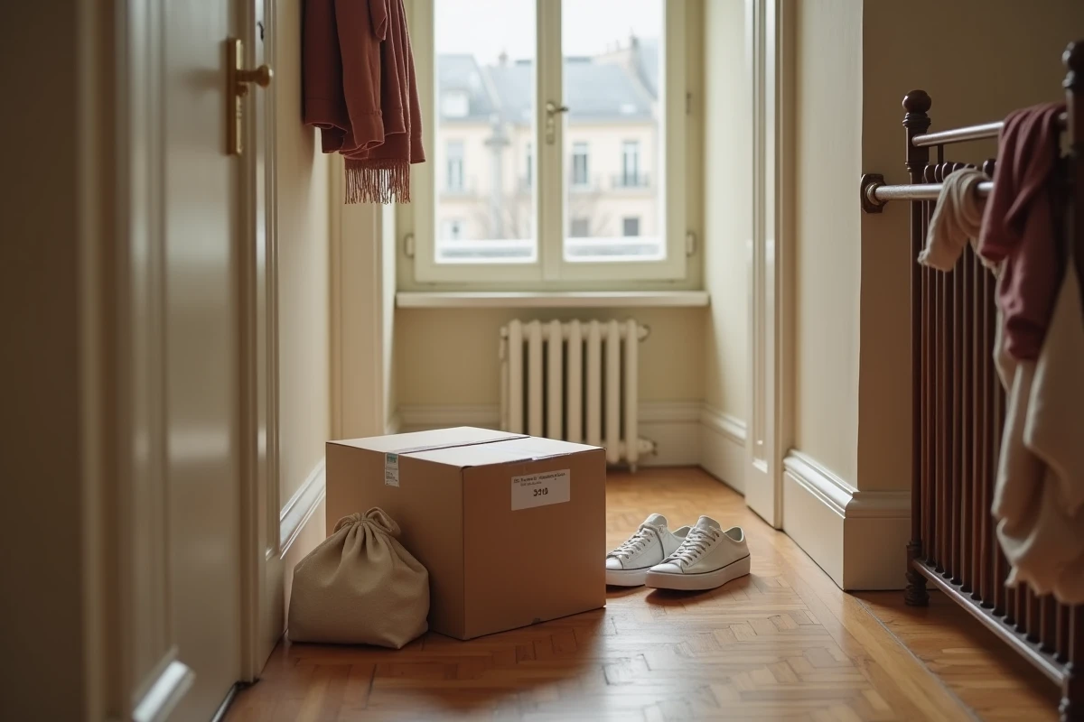 Colis de vêtements prêt à être envoyé à un service de revente en ligne comme Sellpy, posé devant la porte d'un appartement parisien