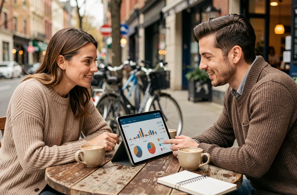 Deux collègues analysant des données de commerce en ligne sur une tablette dans un café en terrasse urbaine