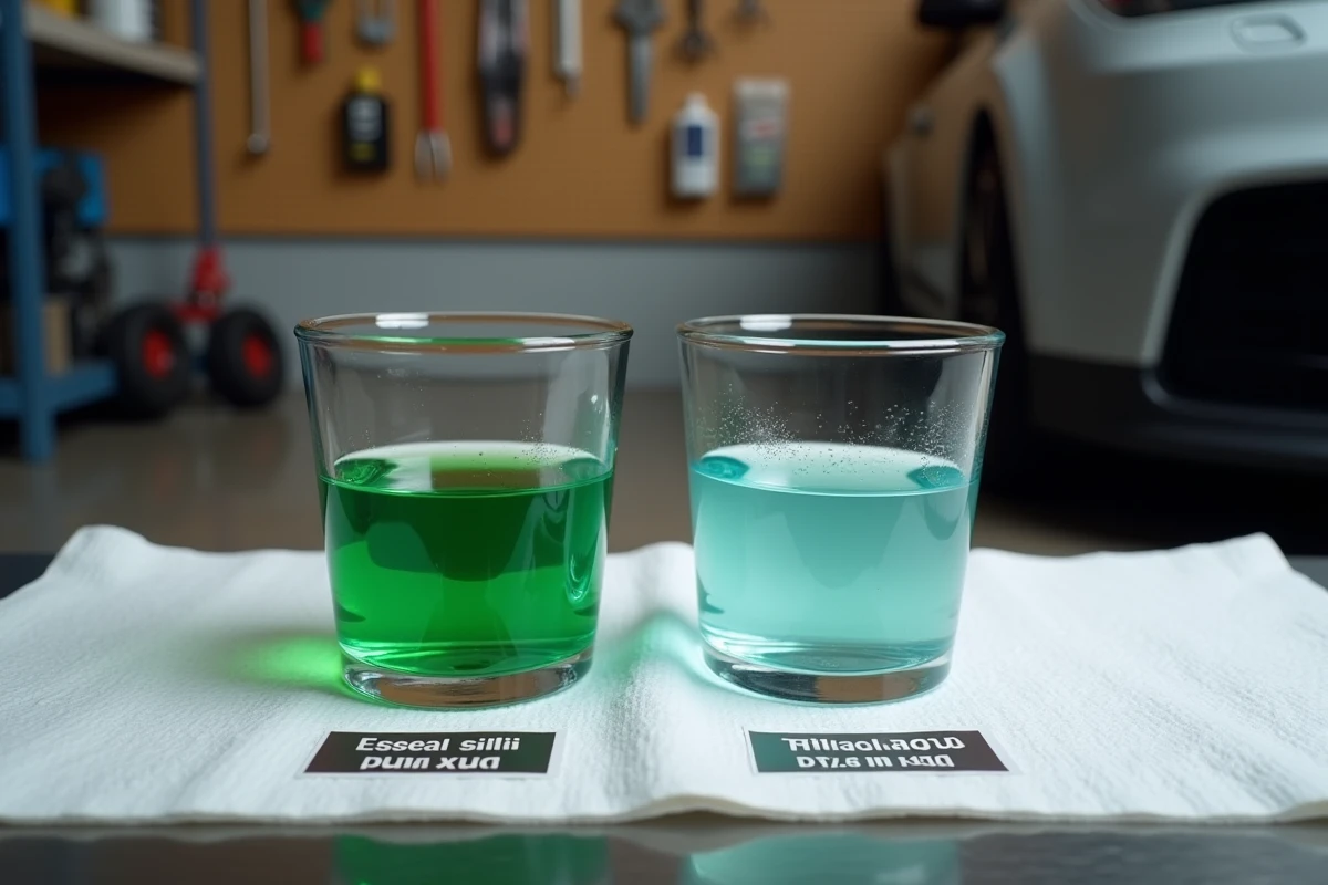 Deux verres transparents côte à côte sur un établi de garage contenant des échantillons de liquide de refroidissement vert et de lave-glace bleu pour comparaison