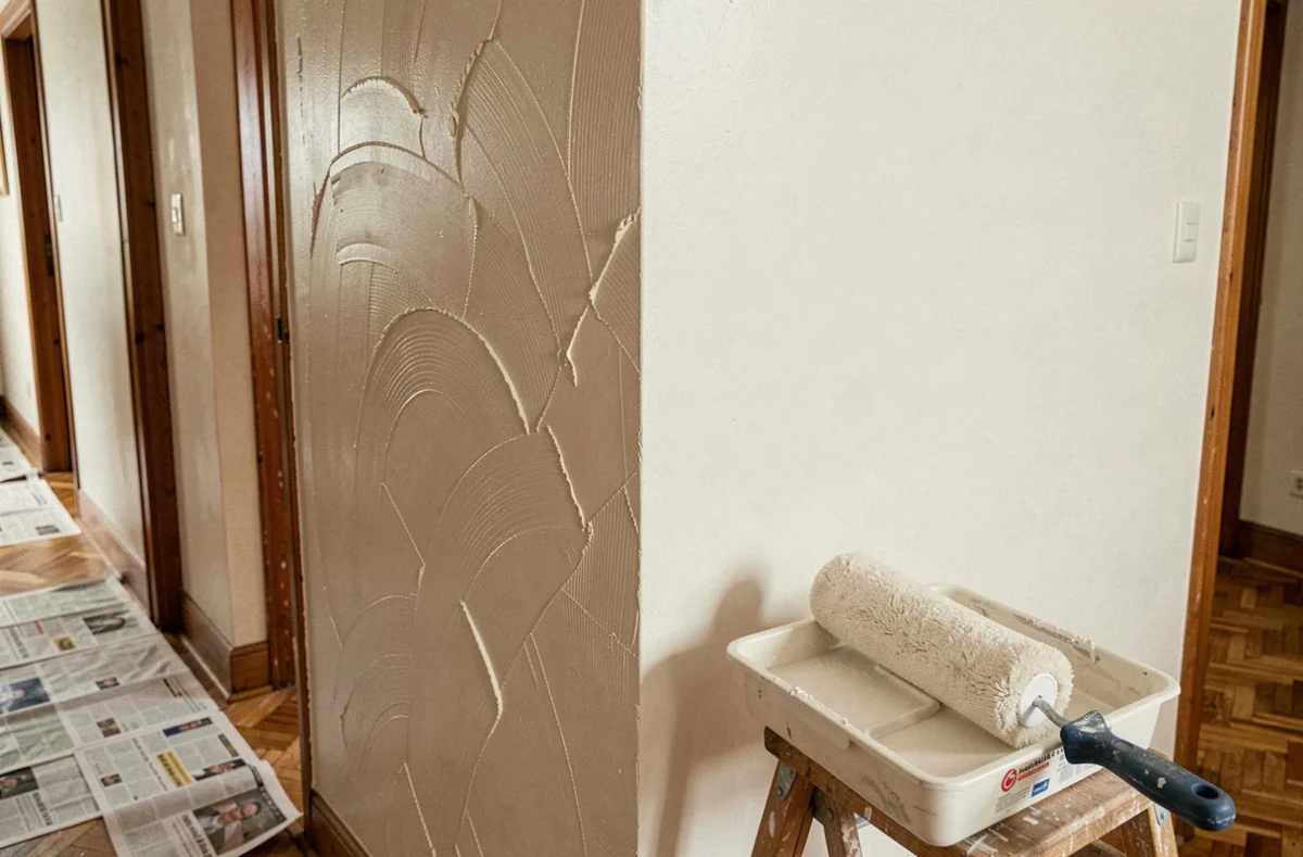 Comparaison entre traces de rouleau visibles et surface de mur peinte lisse et corrigée