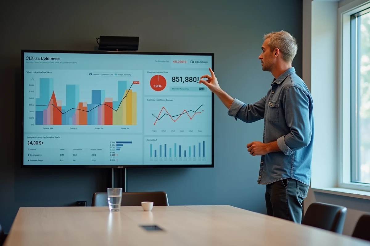 Consultant en référencement web présentant des résultats de visibilité en ligne à des clients lors d'une réunion en agence
