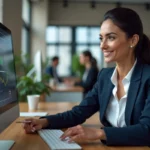 Consultante en agence web analysant les statistiques de visibilité d'un site internet sur un écran dans un bureau moderne