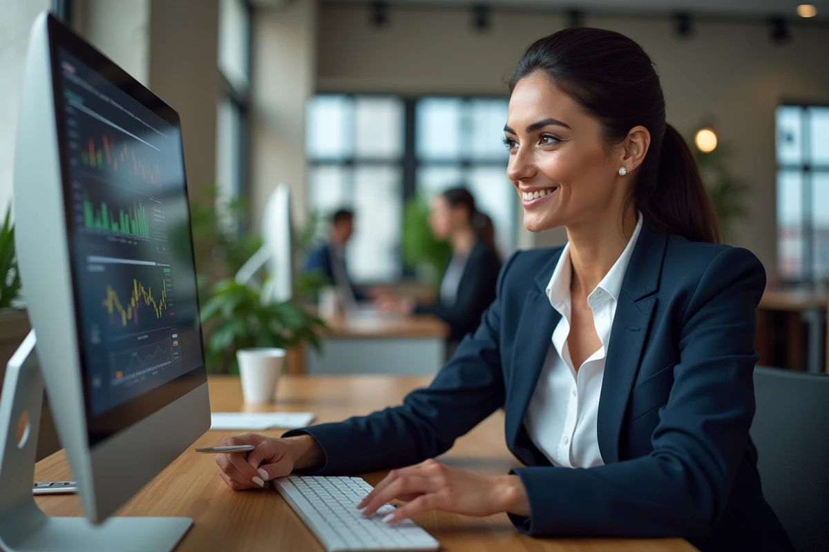 Consultante en agence web analysant les statistiques de visibilité d'un site internet sur un écran dans un bureau moderne