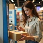 Femme déposant un colis dans un point relais Vinted Go en magasin de proximité