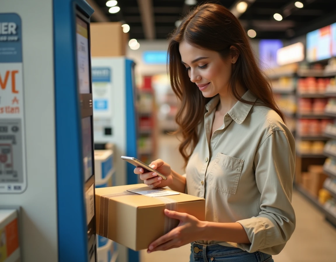 Femme déposant un colis dans un point relais Vinted Go en magasin de proximité