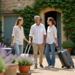 Deux couples échangeant les clés d'une maison de campagne en pierre, illustrant la tendance de l'échange de maison pour voyager économique