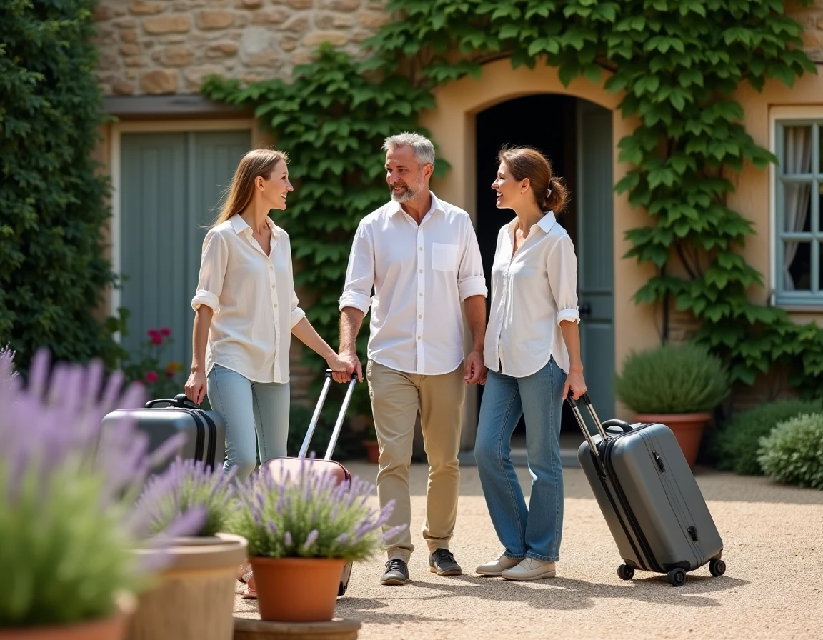 Deux couples échangeant les clés d'une maison de campagne en pierre, illustrant la tendance de l'échange de maison pour voyager économique