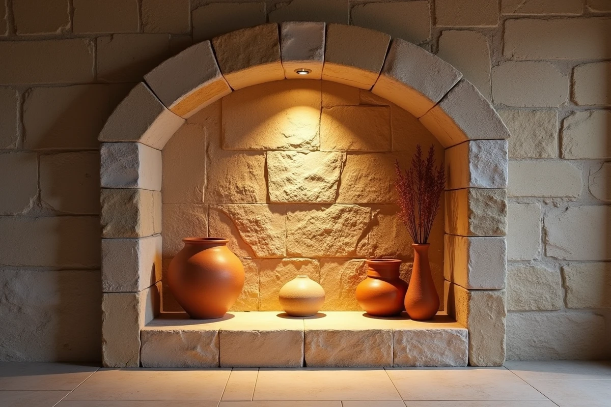Niche de cantou valorisée par un éclairage encastré à LED mettant en valeur la pierre et les objets décoratifs