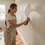 Femme en salopette ponçant des traces de rouleau sur un mur peint dans un salon
