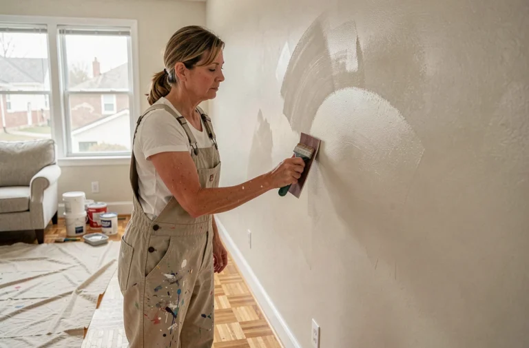 Femme en salopette ponçant des traces de rouleau sur un mur peint dans un salon