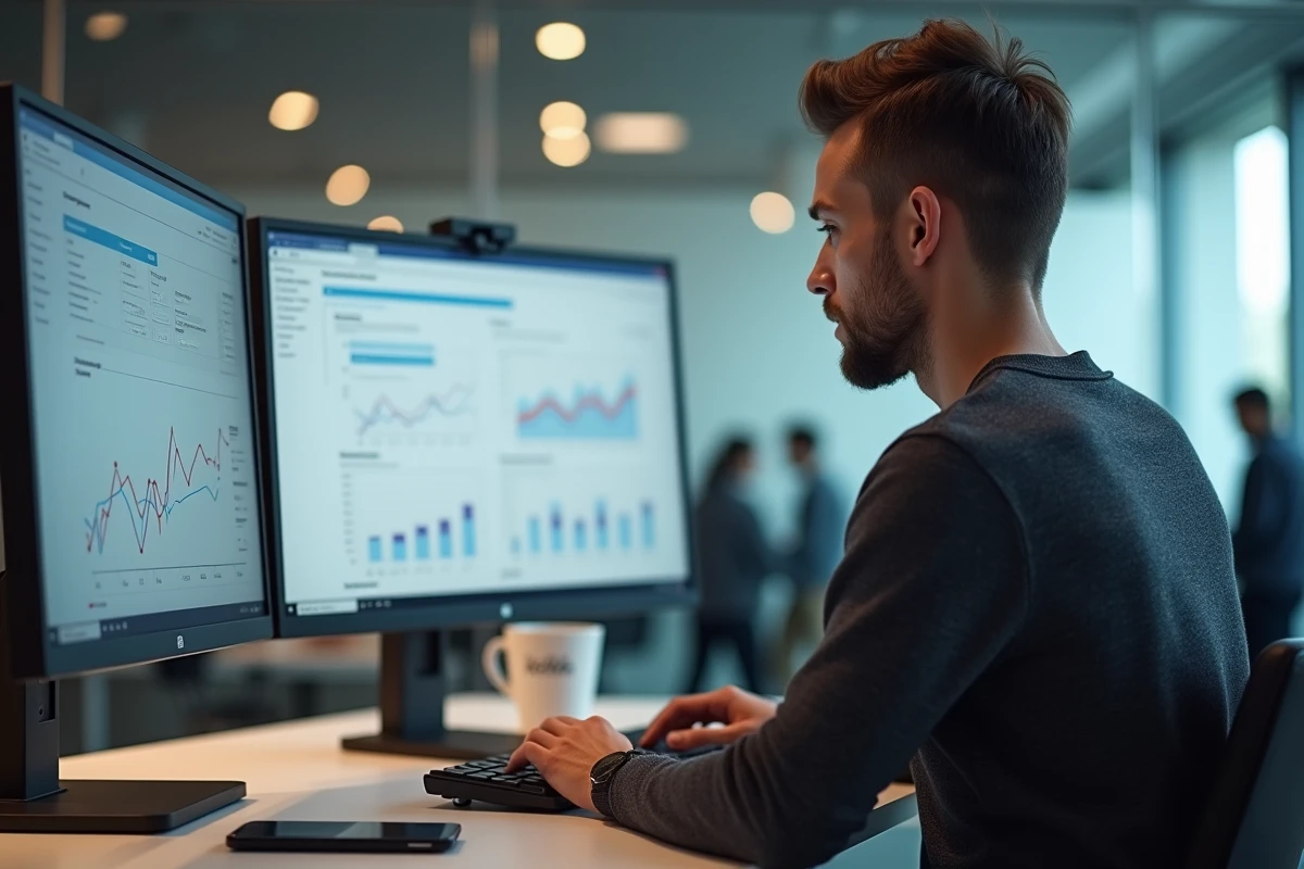 Entrepreneur concentré travaillant sur une plateforme B2B en ligne avec des analyses de partenariat digital sur double écran dans un bureau moderne