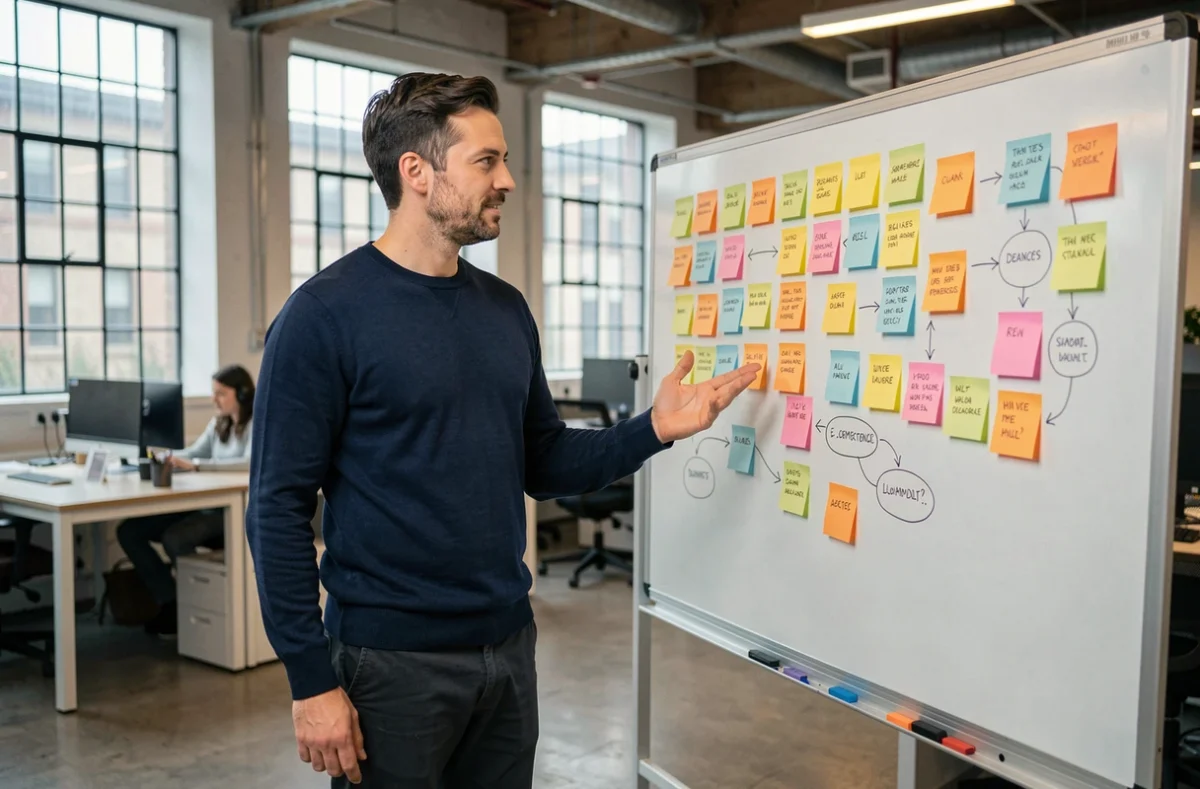 Homme entrepreneur présentant une stratégie de business en ligne sur un tableau blanc dans un espace de coworking