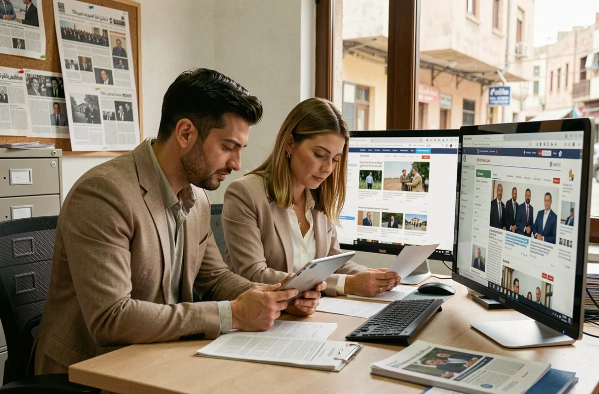 Deux collègues analysant ensemble la structure détaillée du site web La Gazette de Constantine sur tablette et ordinateur