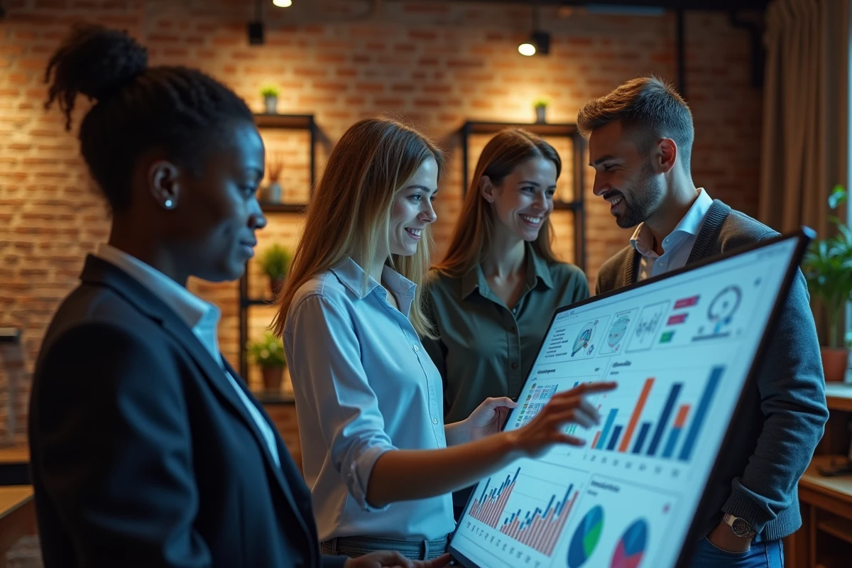 Équipe B2B multidisciplinaire analysant des tableaux de bord de croissance digitale sur un écran interactif dans un espace de coworking moderne
