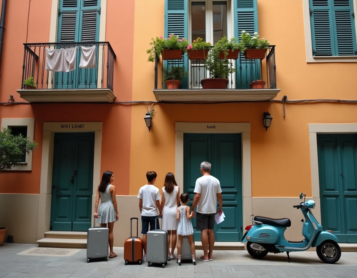 Famille arrivant devant un appartement méditerranéen dans le cadre d'un échange de maison, valises à la main dans une rue pavée colorée