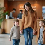 Mère souriante avec enfants près de l'accueil du parc vacances