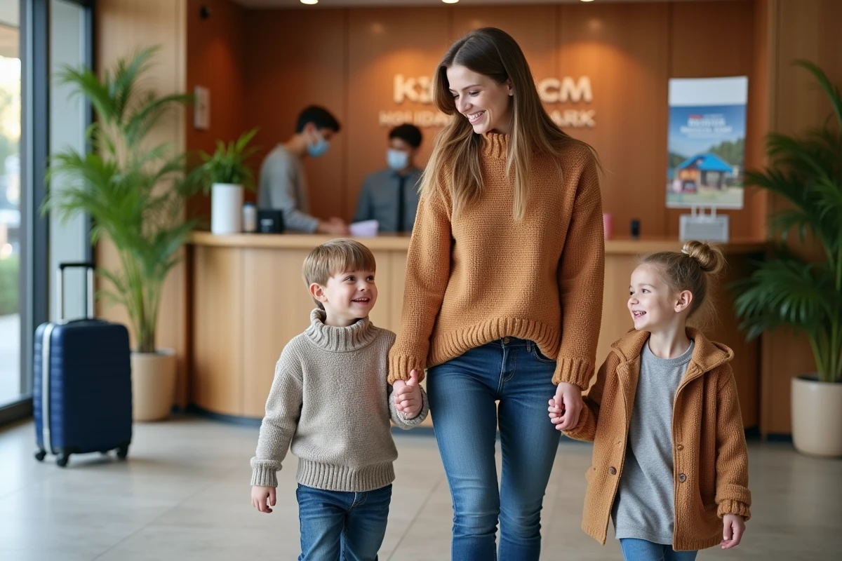 Mère souriante avec enfants près de l'accueil du parc vacances