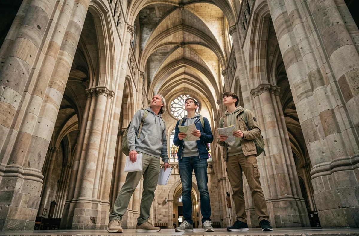 Famille de touristes admirant l'architecture gothique d'une cathédrale parisienne lors de vacances culturelles en France