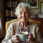 Femme âgée de 90 ans souriante dans un salon chaleureux