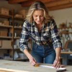 Femme mesurant un bois dans un atelier organisé