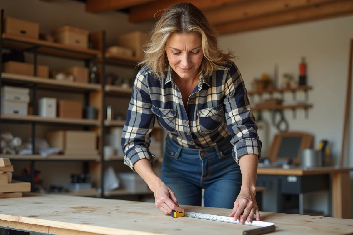 Femme mesurant un bois dans un atelier organisé