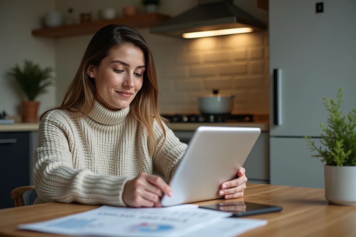 Jeune femme en intérieur faisant ses finances à la maison
