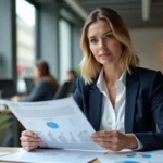 Femme cadre analysant les tendances du marché de l'emploi en France dans un bureau moderne parisien
