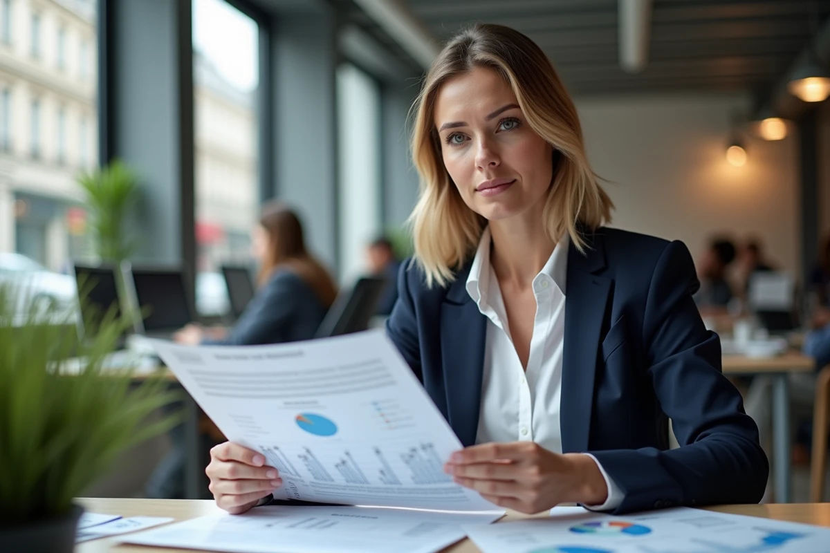 Femme cadre analysant les tendances du marché de l'emploi en France dans un bureau moderne parisien