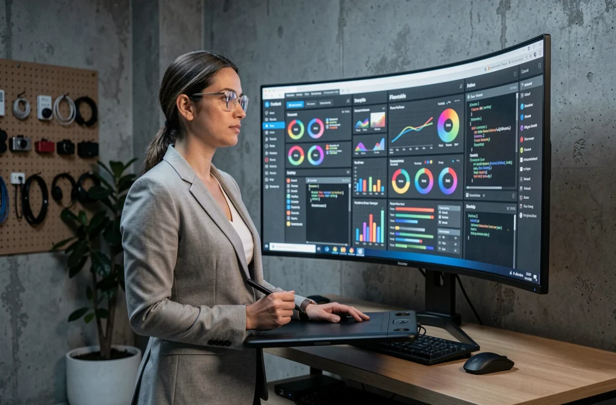 Femme en blazer gris travaillant sur un écran incurvé avec tableaux de bord de données dans un studio technologique