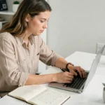 Femme entrepreneur travaillant sur son laptop dans un bureau minimaliste à domicile pour développer son business en ligne