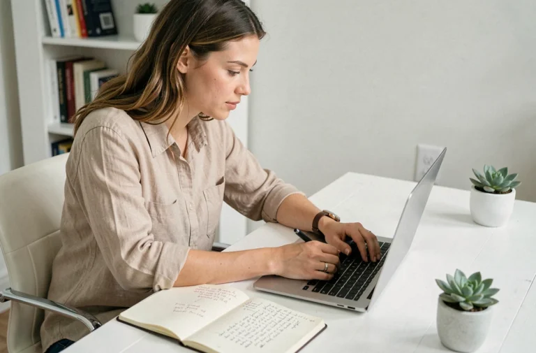 Femme entrepreneur travaillant sur son laptop dans un bureau minimaliste à domicile pour développer son business en ligne